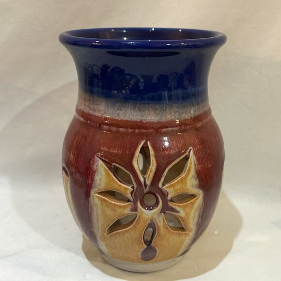 VTG Walt Glass Art Pottery Cut-out Luminary Candle Votive Holder Signed - Picture 1 of 9